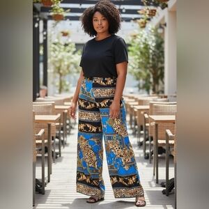 Blue Baroque Leopard Print Wide Leg Pants | Boho Palazzo Statement Pants